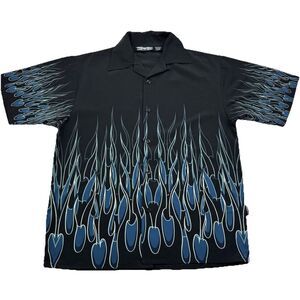 Dragonfly Shirt Mens Size Medium Black Blue Flames Short Sleeve Button Down